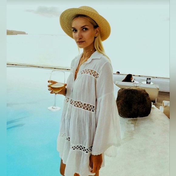 New Boho Embroidered Lace Flowy Tunic Button Up Cover Up Dress White - Picture 2 of 8